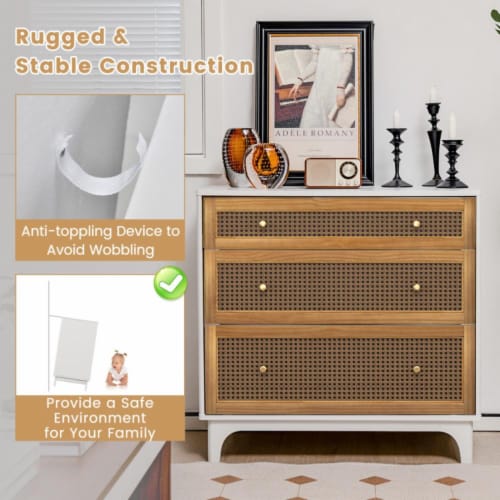Hivvago 3-Drawer Rattan Dresser Chest with Anti-toppling Device-Brown Perspective: bottom