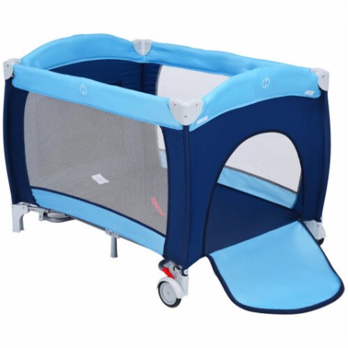 Hivvago Foldable Baby Crib Playpen with Mosquito Net and Bag-Blue Perspective: bottom