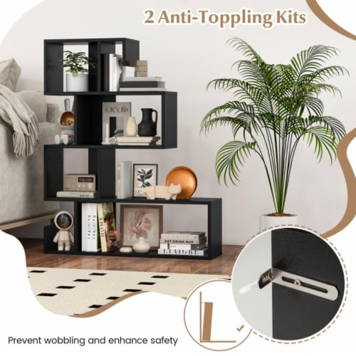 Hivvago 5-Tier S-Shaped Bookshelf Geometric Z-Shelf Bookcase with Open Cubes-Black Perspective: bottom
