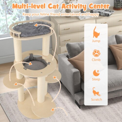 Hivvago 5-level Wooden Cat Tree with Padded Perch Non-woven Hammock-Gray Perspective: bottom