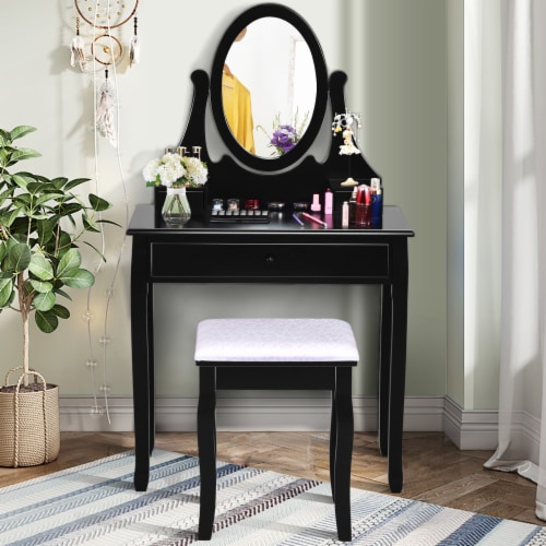 Wooden Vanity Makeup Dressing Table Stool Set bathroom Black 1
