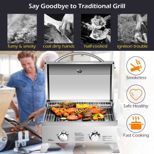 2 Burner Portable BBQ Table Top Propane Gas Grill Stainless Steel Perspective: bottom