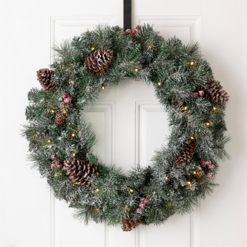Glitzhome 24 Inch Diameter Glittered Pine Cone Christmas Wreath, with Warm White Lights Perspective: bottom