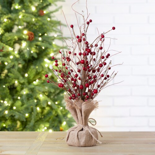Glitzhome 16 Inch Tall Christmas Red Berry Table Tree Decor Perspective: bottom