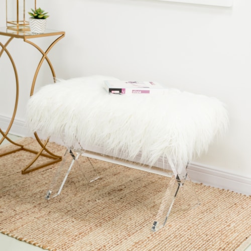 Glitzhome Faux Fur Upholstered Bench with Acrylic X-Leg - White / Clear Perspective: bottom