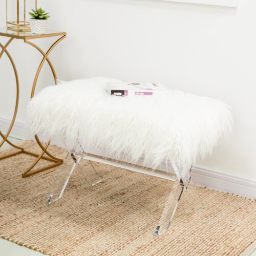 Glitzhome Faux Fur Upholstered Bench with Acrylic X-Leg - White / Clear Perspective: bottom