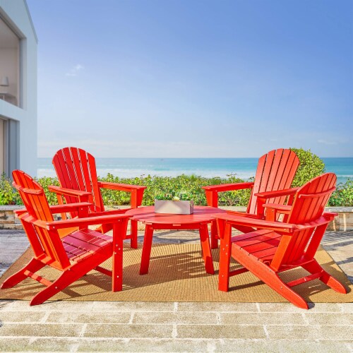 Glitzhome Outdoor 5-Piece Rust-Proof HDPE Adirondack Chair Set with Round Side Table, Red Perspective: bottom