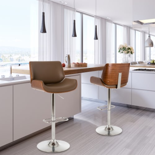 Glitzhome Set of Two Mid-century Yellowish-brown Leather Adjustable Height Swivel Bar Stool Perspective: bottom