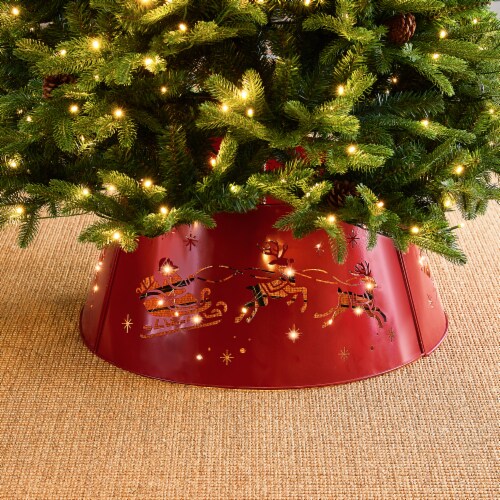 Glitzhome 26 Inch Diameter Galvanized Metal Santa on Sleigh Tree Collar with Light String Perspective: bottom