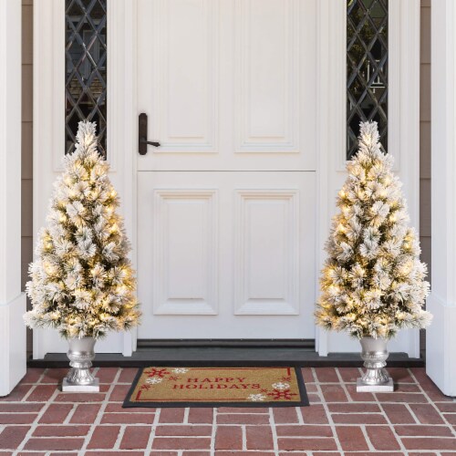 Glitzhome 4 Feet Pre-Lit Flocked Pine Faux Christmas Porch Tree with 100 Warm White Lights Perspective: bottom