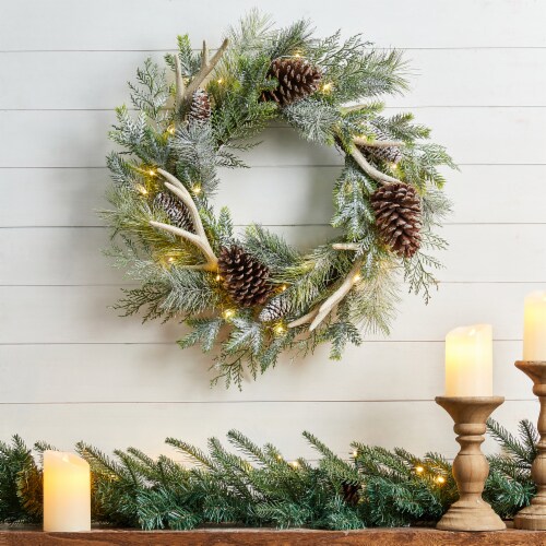 Glitzhome Flocked Pinecone & Antler Wreath with Warm White LED Lights Perspective: bottom