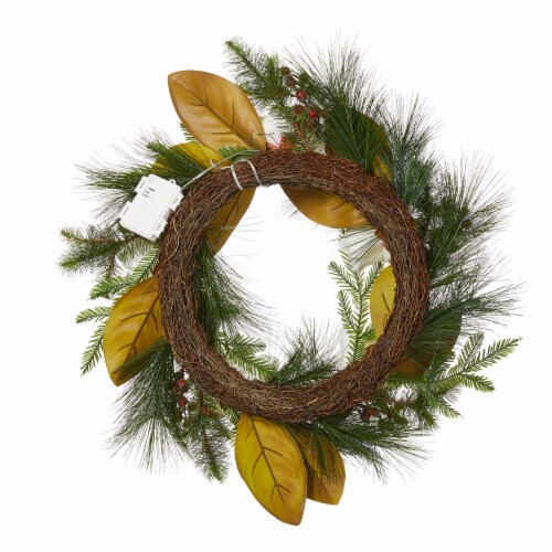 Glitzhome Iced Magnolia Berry Pine Wreath With Lights Perspective: bottom