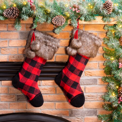 Glitzhome Two Pack 21 Inch Length Fur Black/Red Buffalo Plaid Stocking Perspective: bottom