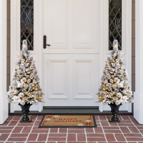 Glitzhome 4 Feet Flocked Pine Poinsettia Faux Christmas Porch Tree with 100 Warm White Lights Perspective: bottom
