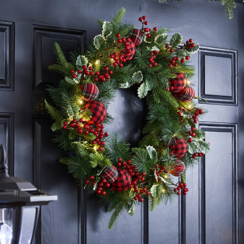 Glitzhome 24 Inch Diameter Ornament Berry Holly Pine Wreath With Lights Perspective: bottom