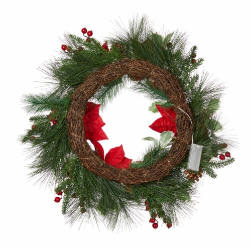 Glitzhome Poinsettia Pinecone Wreath with Lights Perspective: bottom