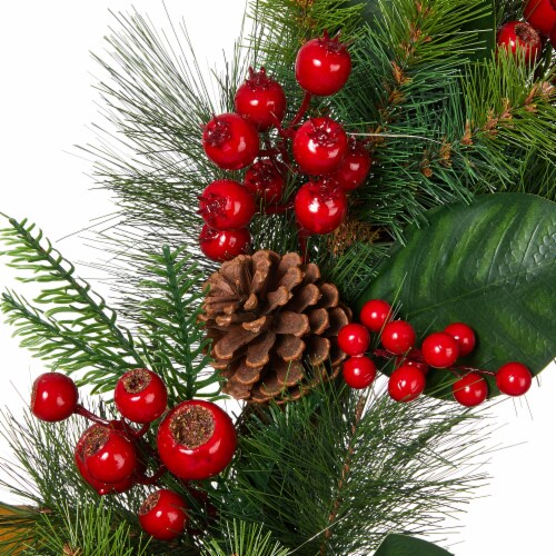 Glitzhome 24 Inch Diameter Berry Magnolia Leaf Pinecone Wreath With Lights Perspective: bottom