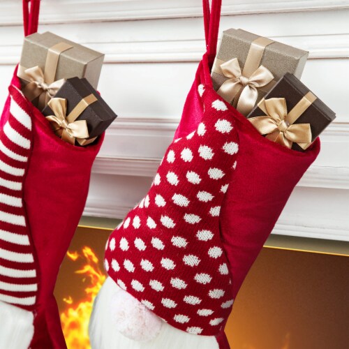 Glitzhome Set of Two 21.75 Inch Tall 3D Fabric Christmas Gnome Stripes & Dots Stocking Perspective: bottom
