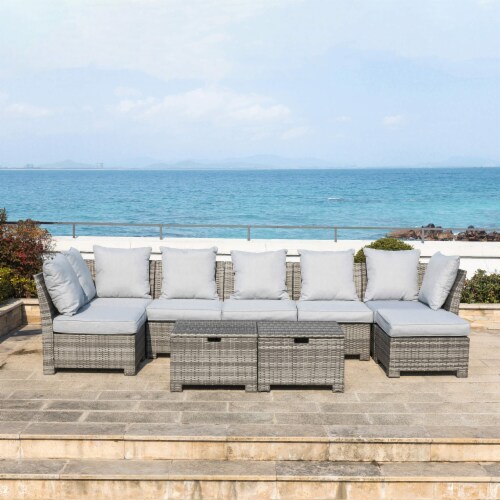Glitzhome 9-Piece Patio Furniture Set All-Weather Gray Wicker Sectional Sofa and Table Perspective: bottom
