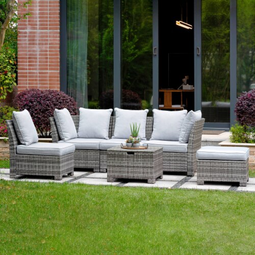 Glitzhome 6 Piece Patio Furniture Set All Weather Gray Wicker