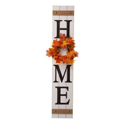 Glitzhome 8 Inch x 42 Inch Tall Wooden Home Porch Sign with 3 Changeable Wreaths - White Perspective: bottom