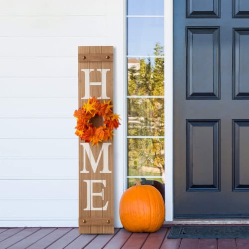 Glitzhome 8 Inch x 42 Inch Tall Wooden Home Porch Sign with 3 Changeable Wreaths - Natural Perspective: bottom