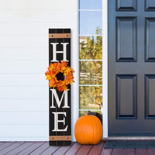Glitzhome 8 Inch x 42 Inch Tall Wooden Home Porch Sign with 3 Changeable Wreaths - Black Perspective: bottom