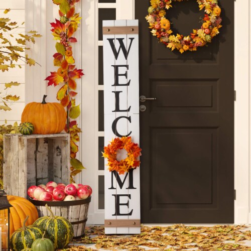 Glitzhome 60 Inch Wooden Welcome Porch Sign with 4 Changeable Wreaths - White Perspective: bottom