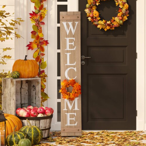 Glitzhome 60 Inch Wooden Welcome Porch Sign with 4 Changeable Wreaths - Natural Wood Perspective: bottom