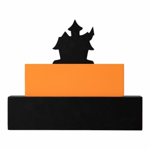Glitzhome 9.5 Inch Length Happy Halloween Wooden Haunted House Block Sign Perspective: bottom