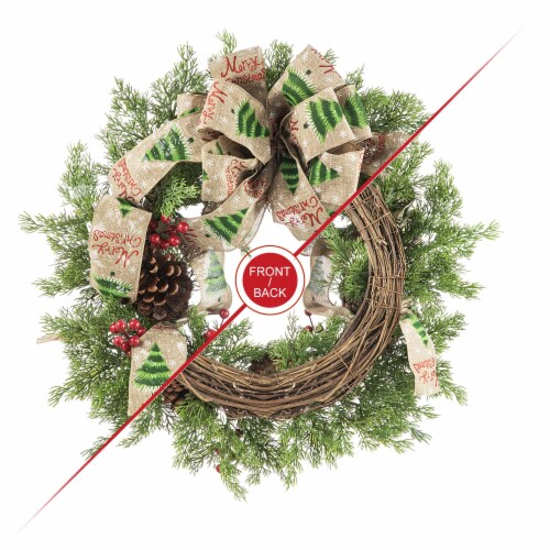 Glitzhome 24 Inch Diameter Cypress Leaves Pinecone With Bowknot Ribbon Wreath Perspective: bottom
