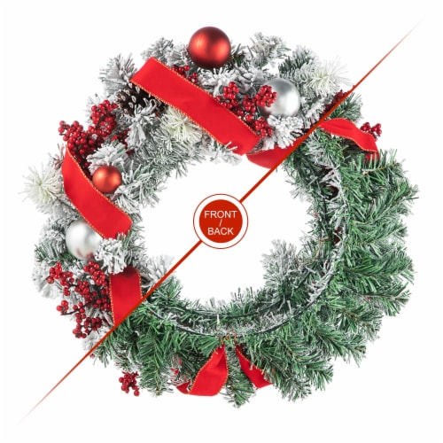 Glitzhome 24 Inch Diameter Flocked Berry, Pinecone Ribbon Wreath Perspective: bottom