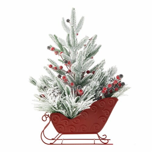 Glitzhome 21 Inch Tall Christmas Red Sleigh Frosted Floral Centerpiece Perspective: bottom
