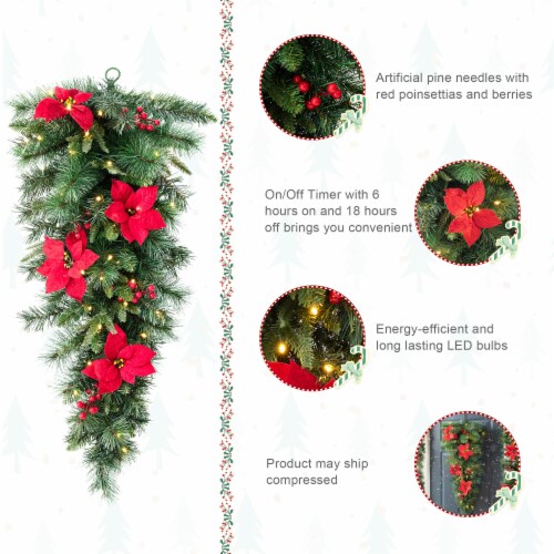 Glitzhome 3 Feet Pine Poinsettia and Berries Christmas Teardrop Swag, 50 Warm White Lights Perspective: bottom
