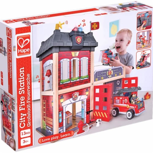 Hape Wooden Kid s Tri Level City Fire Station Dollhouse Playset
