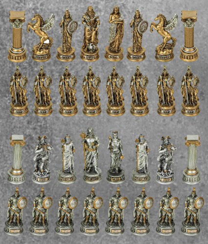 Bronze and Silver Finish Greek / Roman Gods Pantheon Chessmen Set Chess Pieces Perspective: bottom