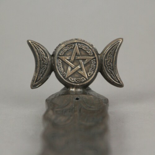 Triple Moon Pentacle Bronze Finished Stick Incense Burner Wicca Pagan Gothic Decor Perspective: bottom