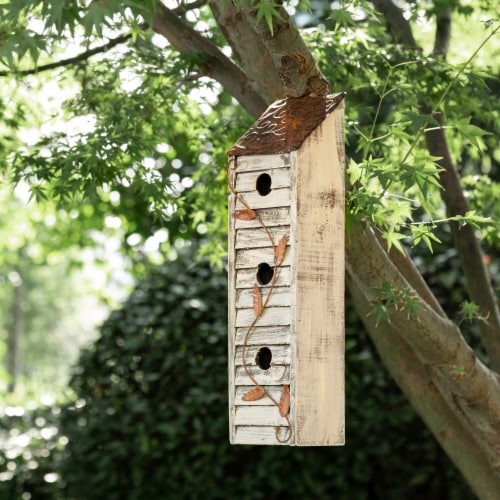 Glitzhome Distressed Solid Wood & Metal Birdhouse Perspective: bottom