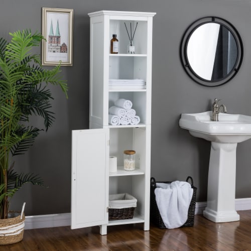Glitzhome 65.55 Inch White Bathroom Free Standing Cabinet with 3-Shelf and 1 Shutter Door Perspective: bottom