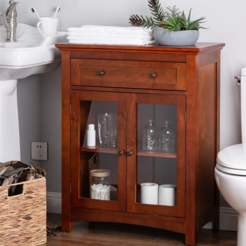 Glitzhome 32 Inch Tall Wooden Shelved Floor Storage Cabinet with 1 Drawer and Double Doors Perspective: bottom