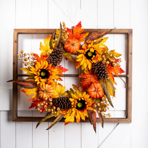 Glitzhome Wooden Window Frame with Sunflower Wreath Perspective: bottom