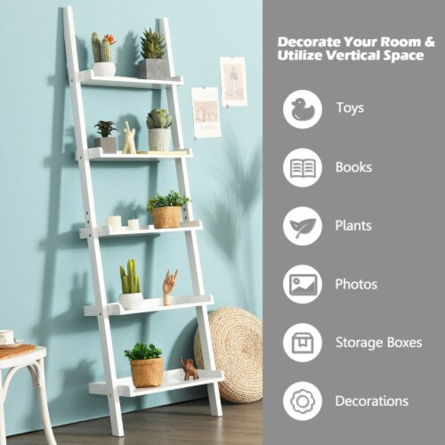 Versatile White 5 Tier Bookshelf Leaning Wall Shelf Ladder