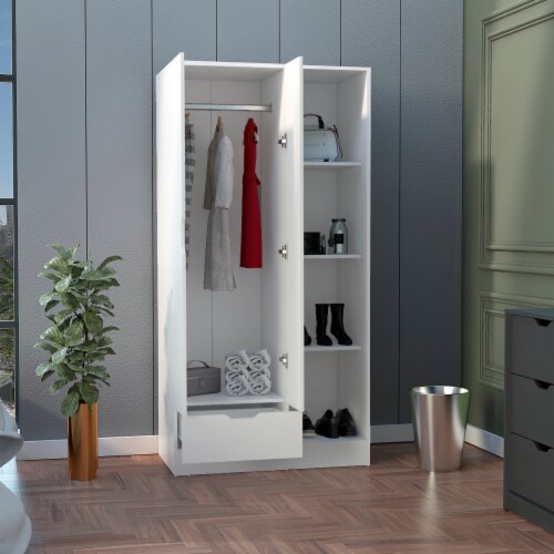 Memphis Wardrobe Armoire With 4-Tier Storage Shelves And 1 Drawer-White -Bedroom Perspective: bottom