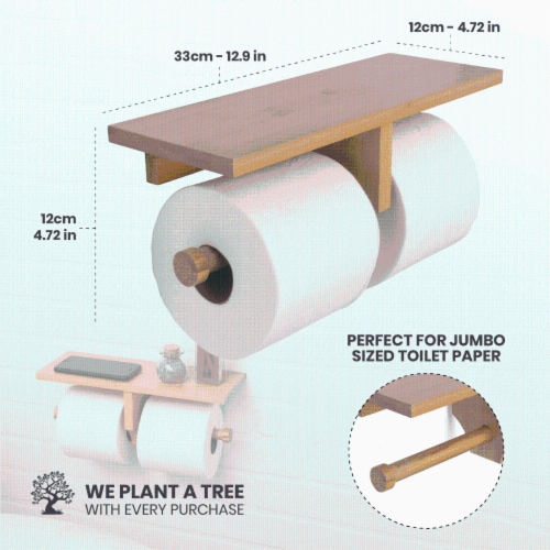 Bamboo Double Dual Toilet Paper Holder with Shelf Perspective: bottom