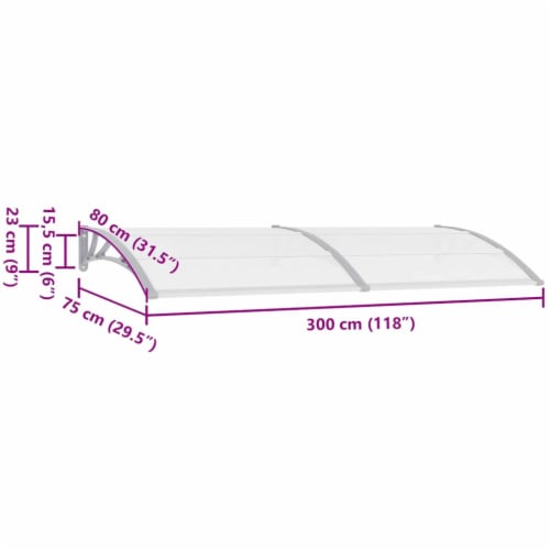 vidaXL Door Canopy Gray and Transparent 118.1 x31.5 PC Perspective: bottom