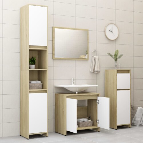vidaXL 3 Piece Bathroom Furniture Set White and Sonoma Oak Engineered Wood Perspective: bottom