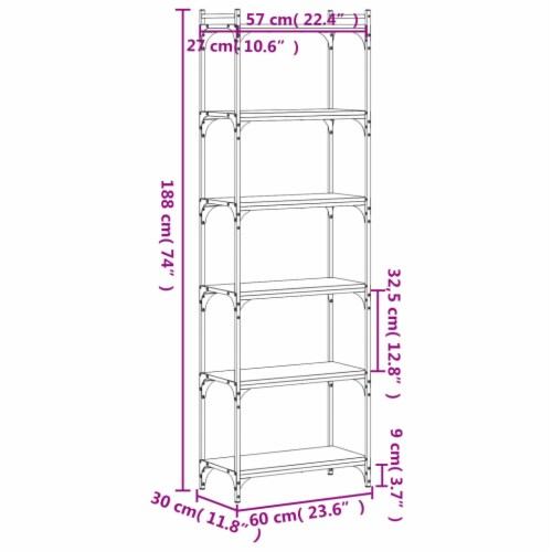 vidaXL Bookcase 6-Tier Smoked Oak 23.6 x11.8 x74 Engineered Wood Perspective: bottom