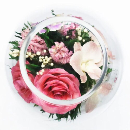 Fiora Flower Long-Lasting Pink Roses and Orchids with Greenery in a Round Glass Vase Perspective: bottom