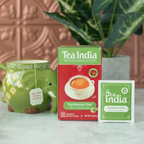 Tea India Premium Red Box Cardamom Chai Tea with 20 Individually Wrapped Teabags Perspective: bottom