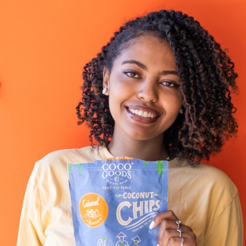 CocoGoods Natural Toasted Coconut Chips Caramel 3.5 oz, Zip lock Bag Perspective: bottom
